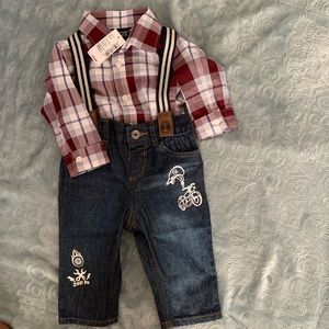 Two piece jean with long sleeve plaid shirt